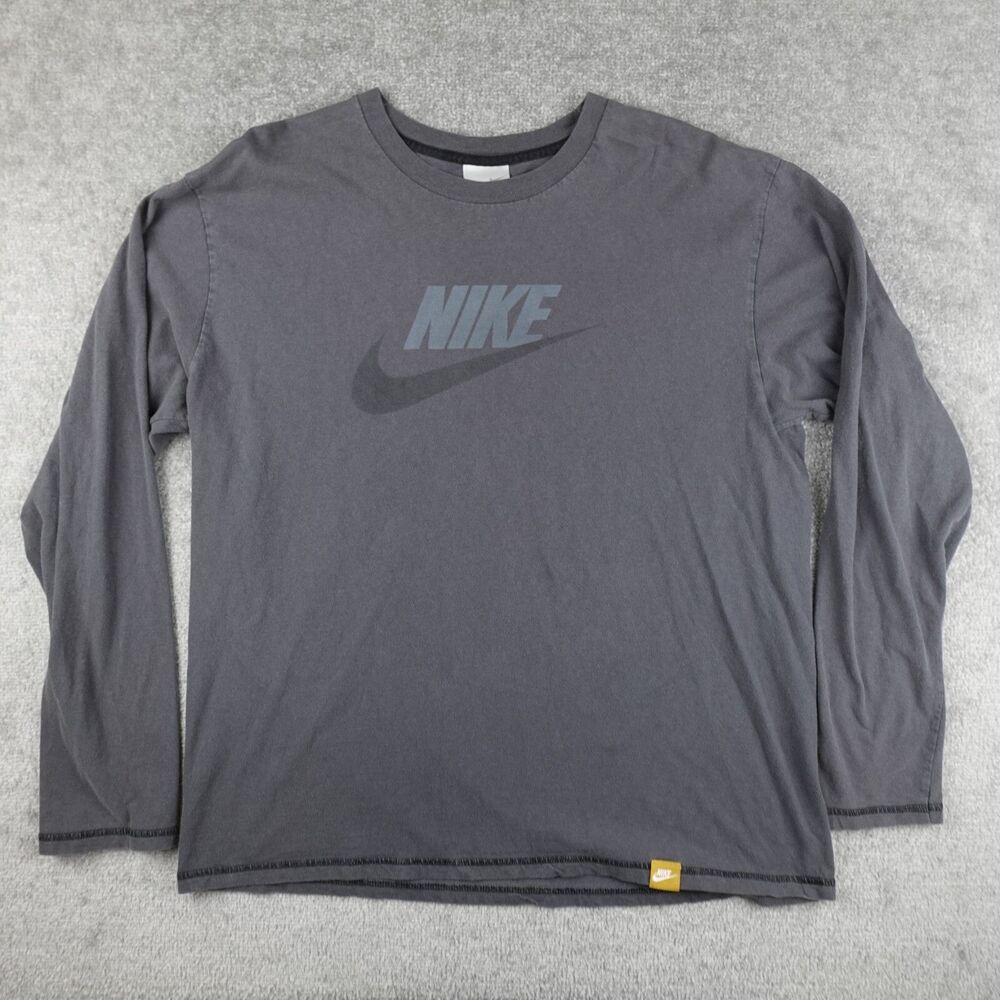 Vintage NIKE Shirt Men's XL Gray Center Check Logo Long Sleeve Tee Gold Tab Y2K